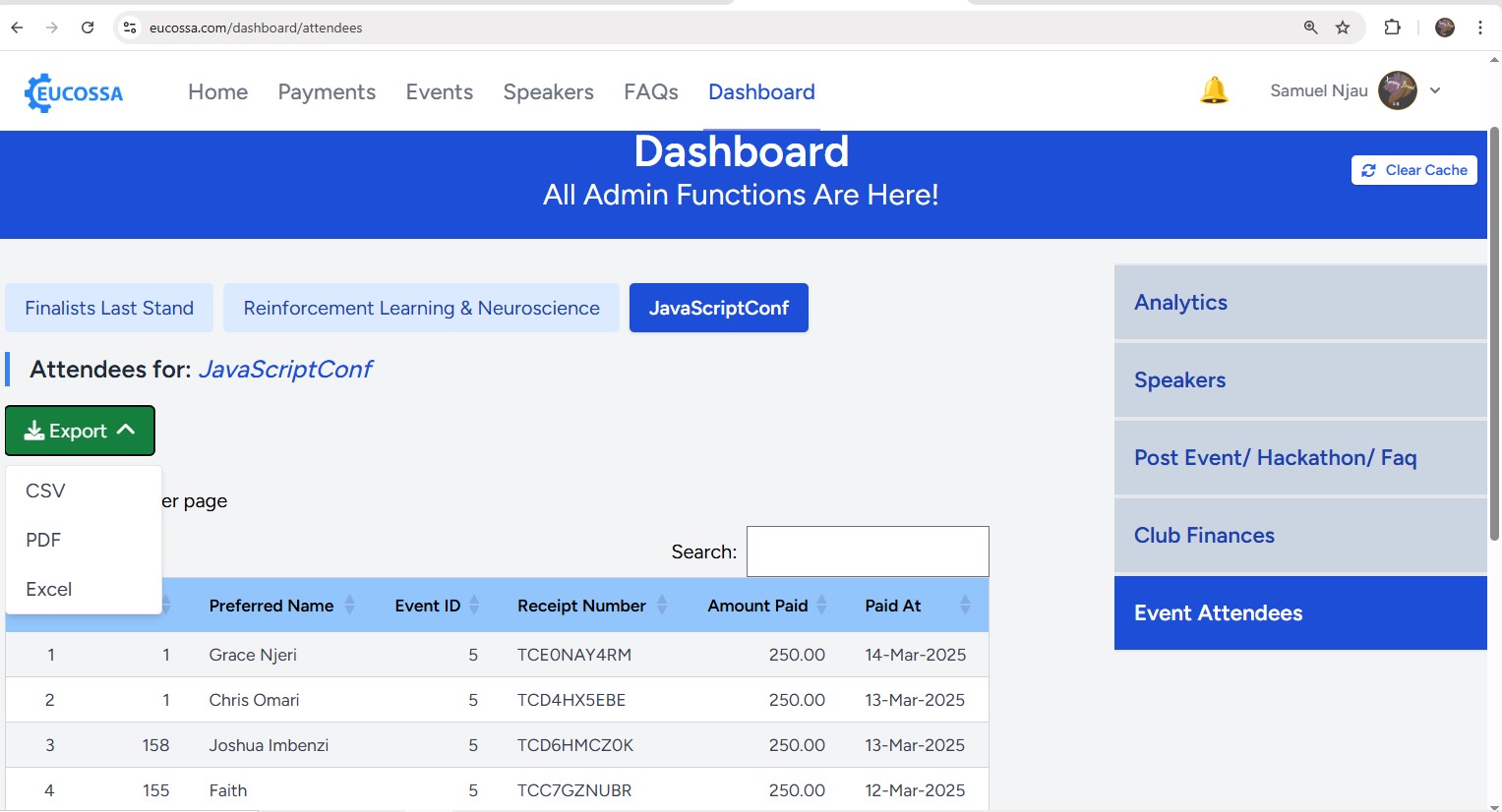 The tickets page for users who've bought tickets for paid events.