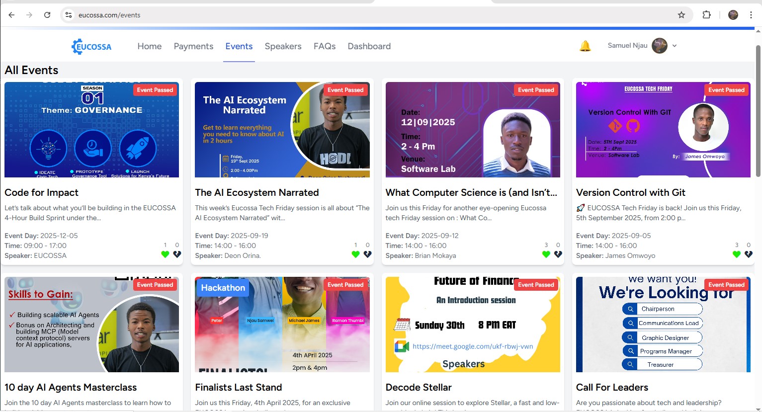 The events page for our weekly events or hackathons. 