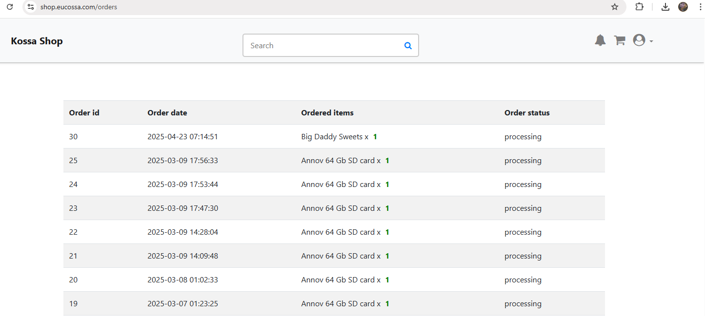 The placed orders section of the application. 