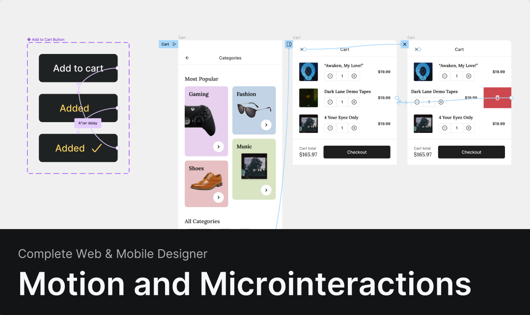 Working with motion, micro interactions and animations in Figma. 